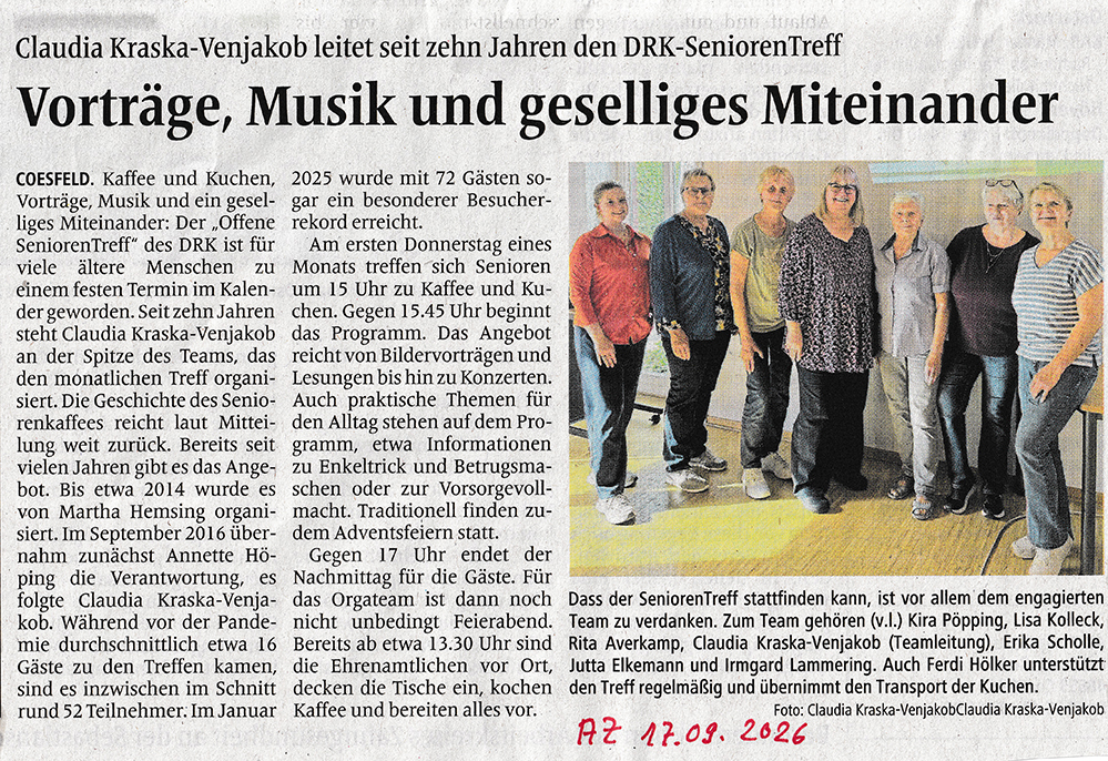 2026 09 17 Claudia DRK Seniorentreff AZ Bericht www